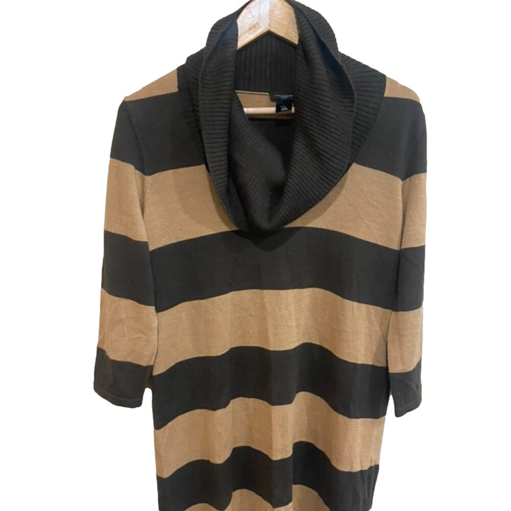 Ann Taylor Sweater Dress Large Brown Striped Cowl Merina Wool Black knit Collar